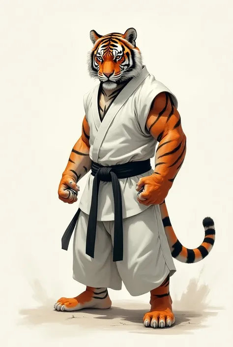 Create an image of a tiger wearing a white kimono black karate belt making the classic base