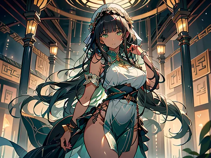 {{{solo}}}, (((greek clothes)))), (((dark skinned))), black long_hair, (((blunt bangs))), (((dark green eyes))), (((solo))), (((1_beautiful_girl))), beautiful_face, good_anatomy, best_quality, beautiful, Tione Hiryute(danmachi), large breasts, (masterpiece...