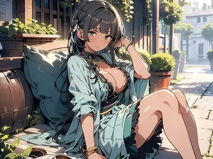 {{{solo}}}, (((greek clothes)))), (((dark skinned))), black long_hair, (((blunt bangs))), (((dark green eyes))), (((solo))), (((1_beautiful_girl))), beautiful_face, good_anatomy, best_quality, beautiful, Tione Hiryute(danmachi), large breasts, (masterpiece...