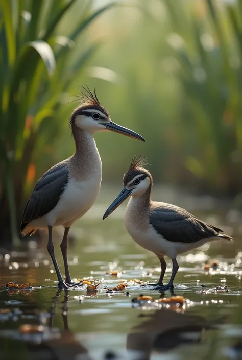 create two birds ,  one with a small crest on the head , duck feet,  long and serrated beak of a flamingo , Another one just without a crest,  where both birds live in a wetland eating small crabs 