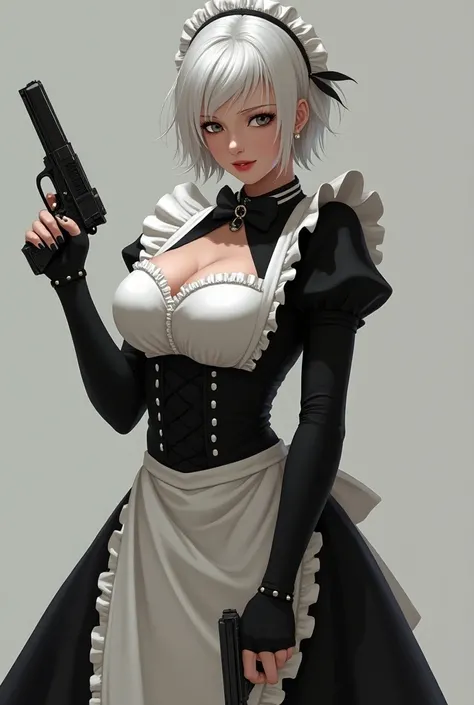  young girl of 27 years ,  short white hair, expressive gray eyes ,  dressed in an elegant black and white maid outfit , big bust,  Big Thighs,  with a knife in one hand and a handgun in the other hand