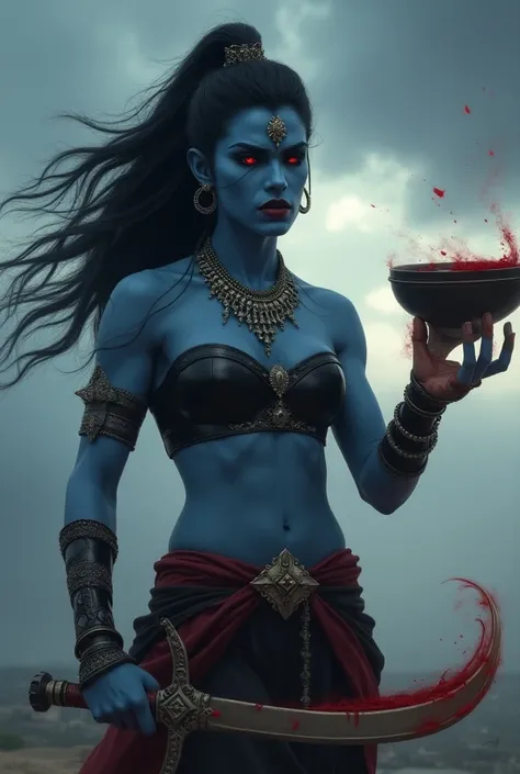 Action scene. A blue-skinned fit and muscular female warrior deity with wild hair and one hand she holds a Khadga: A crescent-shaped sword and on another hand holding a bowl of blood, wearing ornate jewellery and black strapless crop top . She has a fierce...