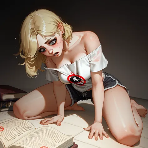 Oil painting of a sexy teen Girl in oversized Shirt and boxerShorts, score_9up, score_8up, closeup, Bent over, kneeling on bedroom floor, 1girl, (solo), ill-fitting Male T-Shirt slipping Off shoulder, solo, (nipslip), ((Open occult book lying on ground)), ...