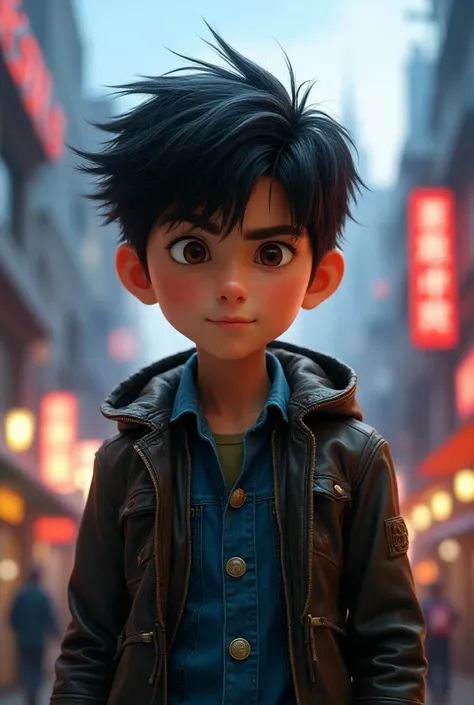 Pixar cover boy with black hair and leather 
And blue jacket looking at the front of Asia 
