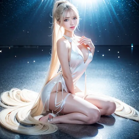 full body shot, slim body, Bright expression、ponytail、Young, 18 years old, lustrous, glowing, white skin、Cheek highlight、The best beauty、Clear, silky blonde hair with dazzling highlights、Shiny bright hair,、Super long silky straight hair、Shiny beautiful ban...