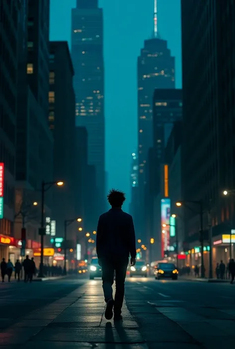 A black-haired man walking through a city at night 