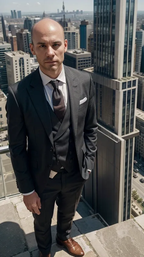 Generates an image of a white-skinned man,  almost completely bald with many visible spots where his hair would grow.  The man must not have a beard and is dressed in an elegant suit and tie. It is standing on the ledge of a tall building , with a serious ...