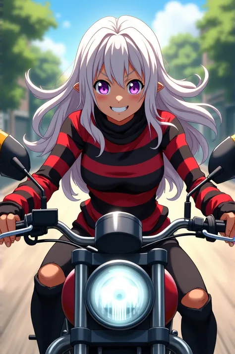  screenshot my Hero Academia general plan full body of anime woman with long wavy white hair, bright purple eyes ,  cinnamon-skinned boy,  freckles and robot limbs  (cuerpo de robot).  Wearing a red and black striped shirt with long sleeves ,  Neck collars...