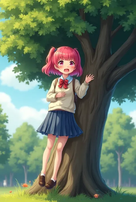 Best Quality、 Hi-Res、(High image quality:1.2)、masterpiece、 detailed background 、 detailed eyes 、Teenage beauty、 brightly colored hair color 、 bob cut from the front、 ponytails、Sunny Afternoon、Big tree in the park 、cute制服、( A girl who started climbing on th...