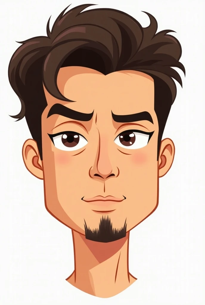 Cartoon-style drawing of a 27-year-old man with angular features and a well-defined jawline. He has a short, neatly trimmed beard on his chin, and his deep brown eyes convey an intense, thoughtful expression. His hair is dark brown, medium-length, and slig...