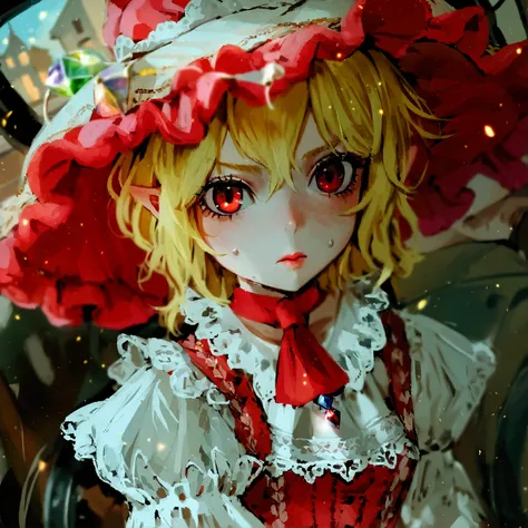 1 girl, Flandre Scarlet, Touhou Project, sombrero, rounded hat , lonely, blonde, muñeca de plush, vest rojo, alas, plush, oso de plush, red eyes, Crystal, vest, white ornament , exterior, short sleeves,  looking up ,  holding , mangas abullonadas, skirt, s...