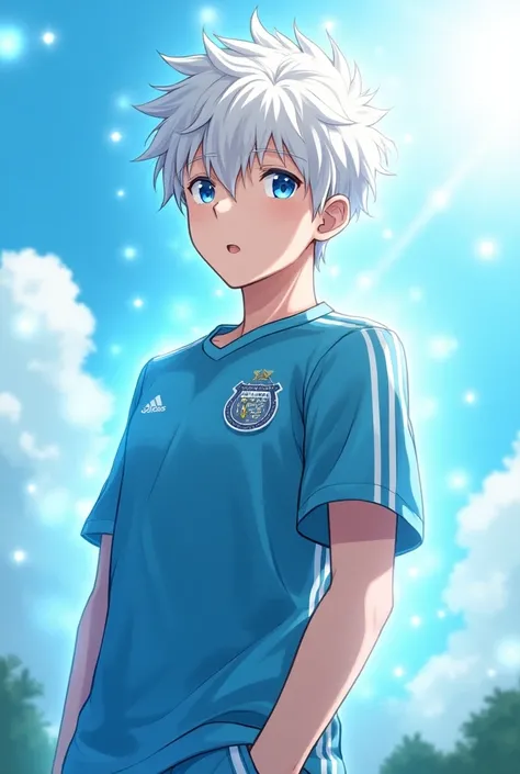 ( best quality ，highest resolution) Anime drawing,  Sporting FC mens soccer player， Clear facial expressions ，light blue eyes with shine，young and handsome，Sunny vitality，average height，sturdy and strong, white hair, blue aura