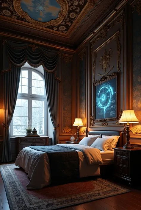 (photorealism:1.2), a mix between a royal European bedroom and a cyberpunk bedroom with the color theme brown
