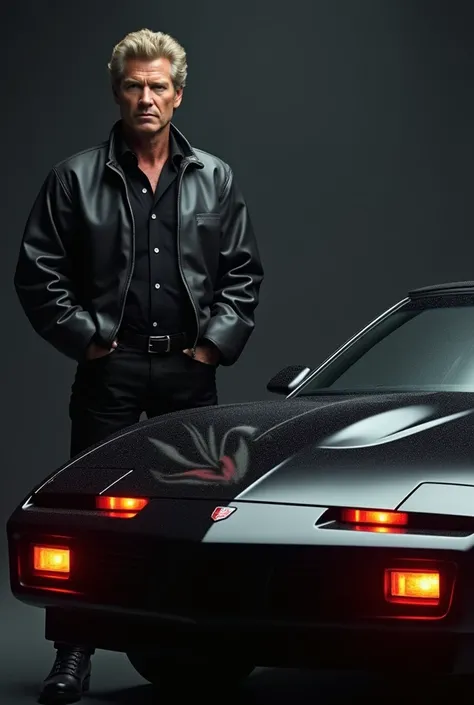  Michael Knight played by David Hasselhoff ,  looking straight ahead, your car  "Kitt"  a black Pontiac Firebird Trans Am V8 with a red light on the front like the one in the series "Knight Rider " You can see the entire car  