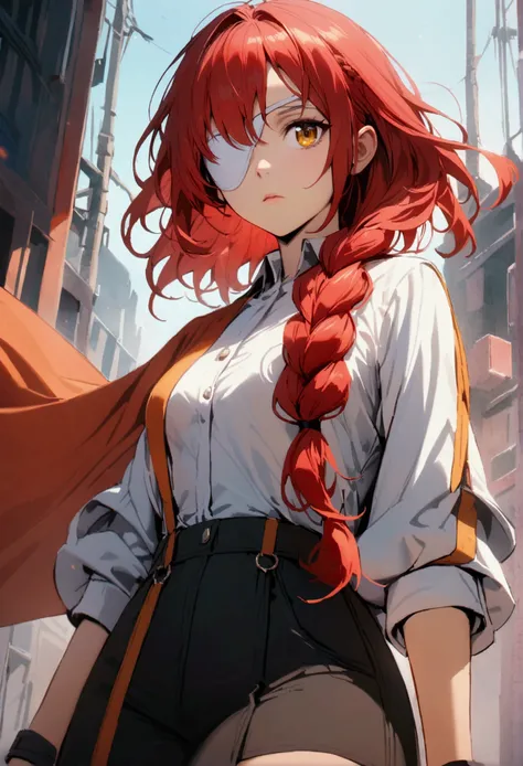 young woman, red hair, single braid, yellow eye, white eyepatch, cowboy shot