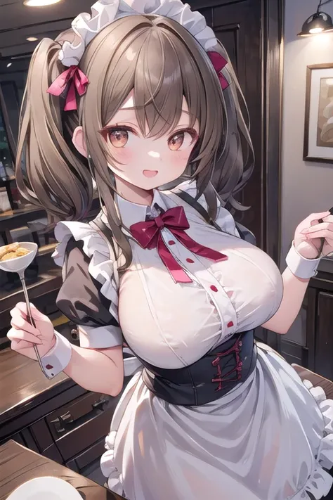 Solo Girl,Twin tail hair, Light brown hair, Brown eyes, Center of chest, Highest quality, High resolution, Very detailed, Detailed Background, Perfect lighting、Inside the maid café、Are standing,Holding an omelet,Put on the table,Cute maid outfit、very cute,...