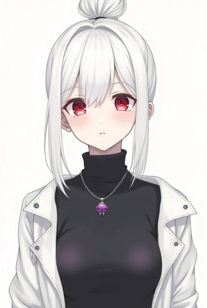 White hair tied in a bun in the middle of the head, red eyes, bangs to the side Black turtleneck pendant with purple Tiny crystal slightly distressed white leather 
Cute simple drawinglicke Mha  Drawing from head to waist