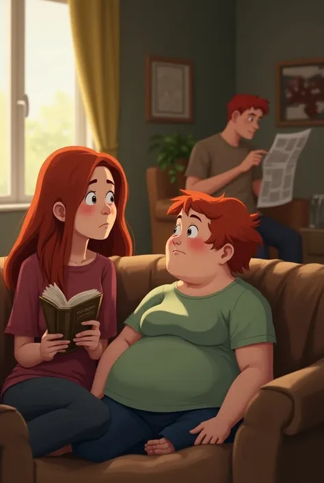 Eva thinking about telling her parents but hesitating: In the family living room, Eva, a girl with a long red haid and is very overweight sits next to her mom who has a long red hair, looking like she wants to say something but holding back. Her mom is rea...