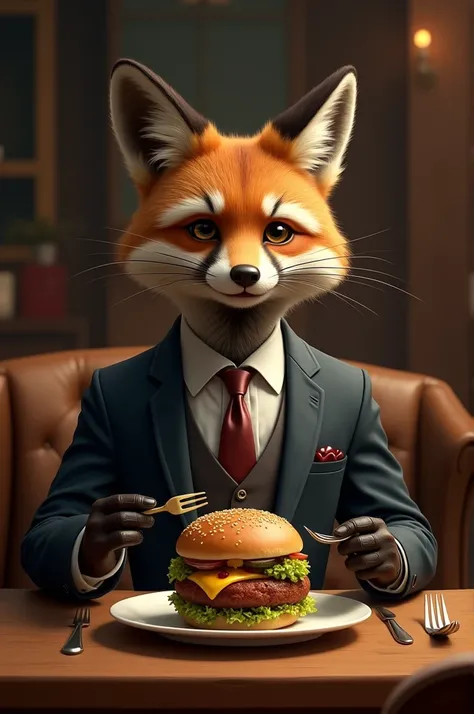 An animal eats a burger and wears a formal suit