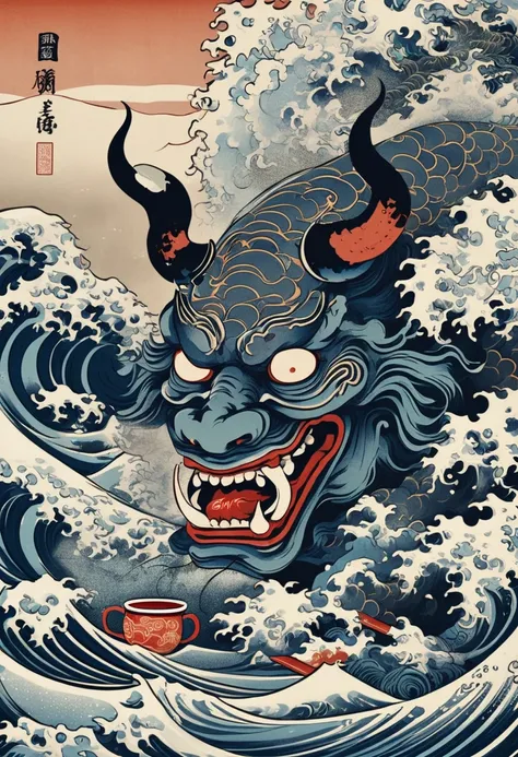  Ukiyo-e style demon ,  demon with smoke in nostrils , Holds a tea ,  sea waves in the Ukiyo-e style background.  Demon portrait ukiyo-e 