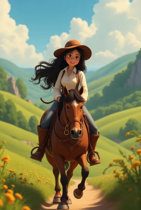 Young beautiful woman riding horse ,  long wavy dark brown hair , chubby, with boots and long sleeve white shirt and brown hat, in a landscape,  Pixar style 