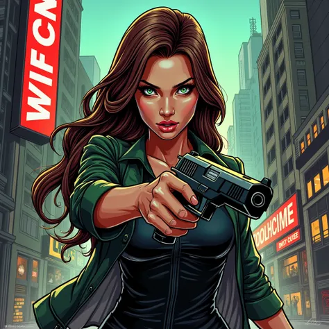 Comic stil, Comic background, schrift „live on twitch“, gaming, GTA 5, gangster, Weapon, Robb ,  woman with green eyes and brown long hair, 