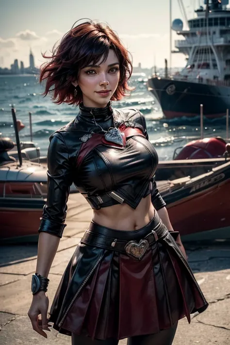 srwby, short hair, black hair, red hair, t-shirt, skirt, gradient hair, grey eyes, standing outside, smiling, (cowboy shot), dynamic pose, standing marina, ship, yachts, sea, crowd, intricate details, tonemapping, sharp focus, hyper detailed, (masterpiece,...