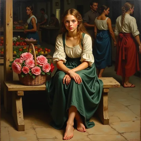  create a Caravaggio-style painting of a young Beautiful Peasant Woman ,barefoot , sitting on a bench ,with A basket of Roses  , with A Village Market Fund 