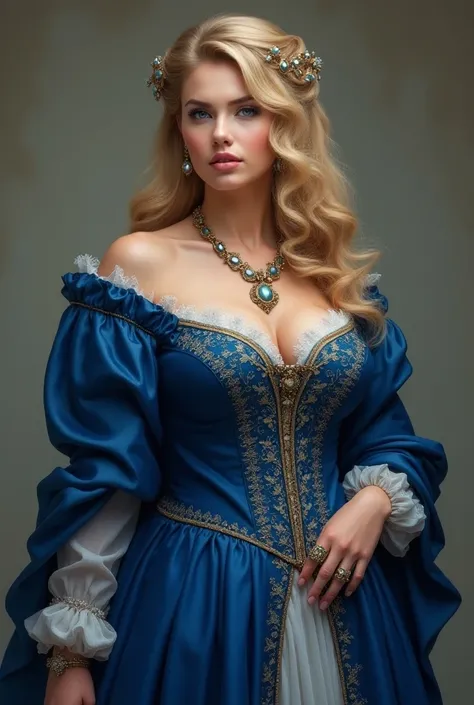  beautiful blonde woman, realistic,  big breasts, beautiful body, in a beautiful medieval blue dress with lots of jewelry. 