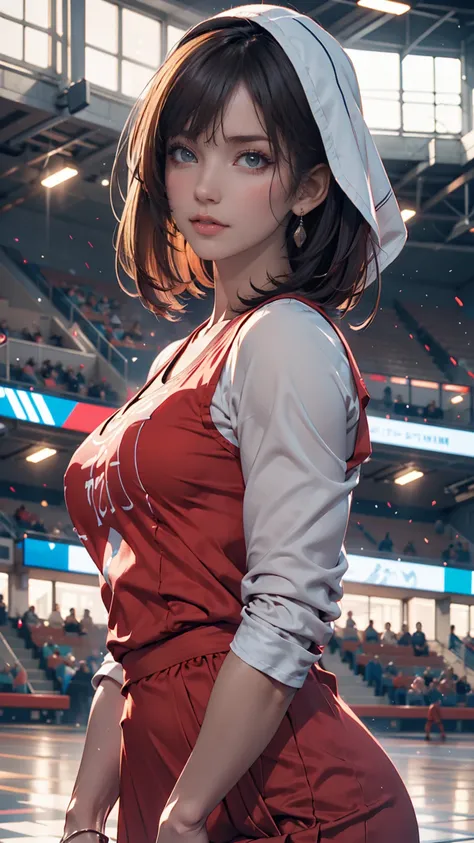  1 girl, cowboy shot of beautiful There is,  Viewers,  red dress ,  black hair, ,  short hair, Sports Day Night,  volumetric lighting, Best Quality, masterpiece,  Intricate Details,  tone mapping,  sharp concentration,  hyper-detail,  Artstation  , There i...