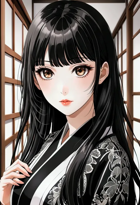 ((ultra quality)), ((masterpiece)), Tomie, Black & White Style, manga, ((black long hair)), (Beautiful face), (beautiful female lips), (), charming, ((sexy facial expression)), looks at the camera with a slight smile, (skin color white), (White skin), glar...