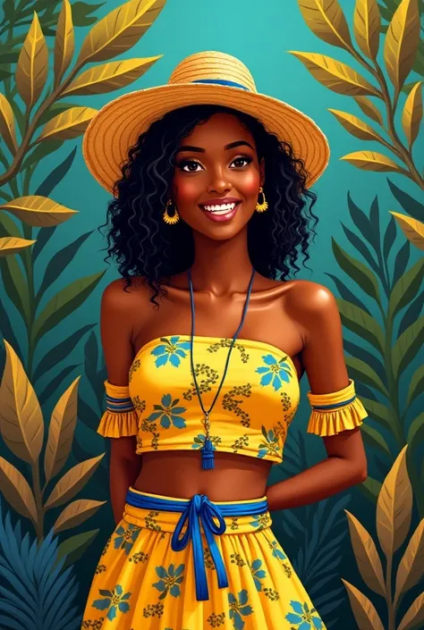  A smiling young woman wears a vibrant set of African prints in yellow and blue, with a matching top and skirt ,  and a blue belt that enhances the look .  She wears a stylish straw hat ,  bringing a touch of lightness and relaxation to the look . In the b...