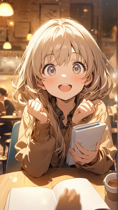 A young character with a friendly smile hands a notebook or small item to a friend in need, offering help. The friend looks pleasantly surprised and appreciative, accepting the favor with a grateful expression. They’re sitting at a café table with a warm, ...