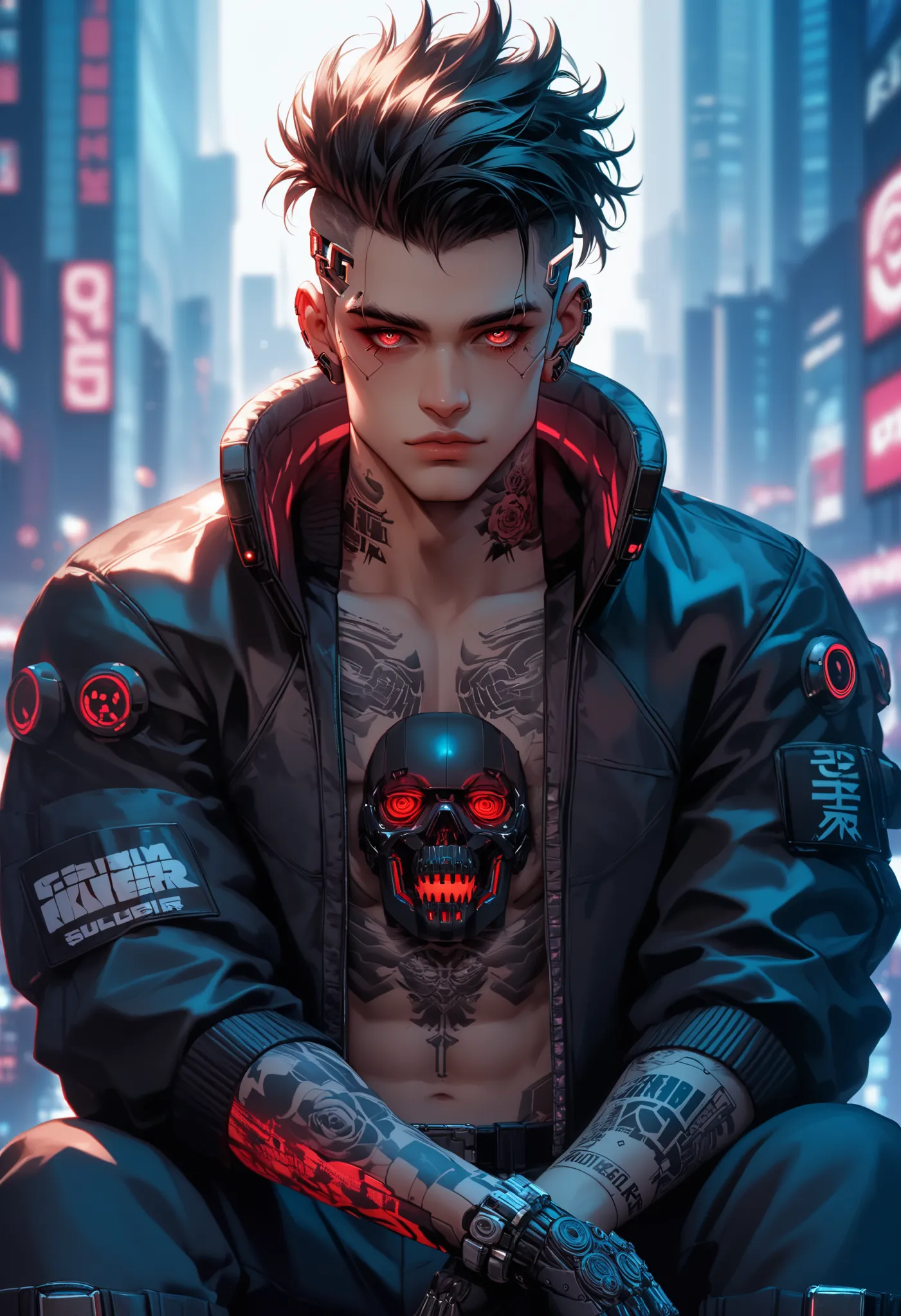 "dark theme :: closeup face focus, ultra realistic futuristic cyberpunk muscular male black hair sitting :: cyberpunk face (cybe...