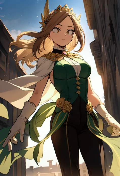 My hero academia, girl with long brown straight hair, golden eyes, gloves, fancy clothes