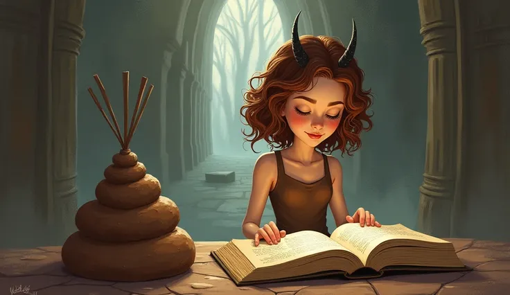 Illustration: A battle, with antennas,  curly brown hair, wearing a brown dress,  in front of the book .  the book is large ,  the size of the one Hermione opens to research the Philosophers Stone.  is open on a pedestal of score .  poop next to her , floa...