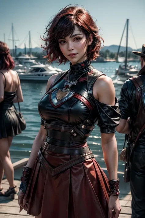 srwby, short hair, black hair, red hair, t-shirt, skirt, gradient hair, grey eyes, standing outside, smiling, (cowboy shot), dynamic pose, standing marina, yachts, river, crowd, intricate details, tonemapping, sharp focus, hyper detailed, (masterpiece,stun...