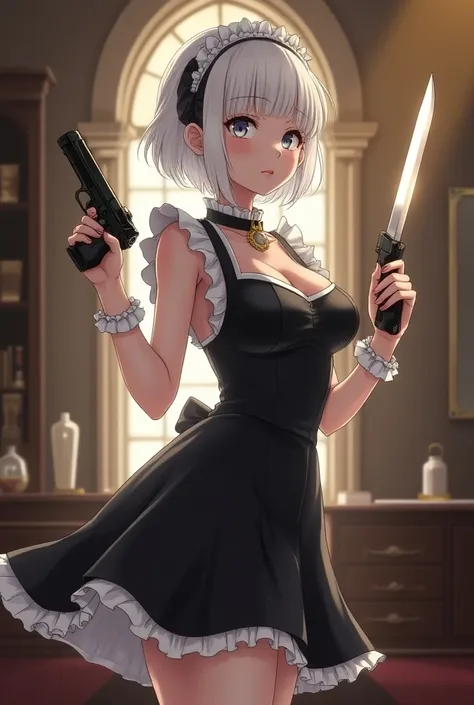 Anime style Young girl of 27 years in an elegant room standing in the right profile
,light skin,  short white hair, expressive gray eyes , well-defined lips ,dressed in an elegant knee-length maid outfit in black and white,big bust, firm glutes, Big Thighs...