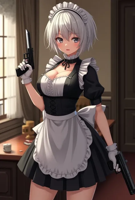 Anime style Young girl of 27 years in an elegant room standing in the right profile
,light skin,  short white hair, expressive gray eyes , well-defined lips ,dressed in an elegant knee-length maid outfit in black and white,big bust, firm glutes, Big Thighs...