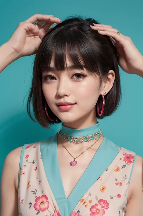 Portrait of a young woman with short black bob hair。She shows a happy seductive smile。Her straight cut bangs lightly fall over her eyebrows.、Her long eyelashes are impressive, and her deep eyes are very attractive.。Her lips are plump and naturally pink.、Ne...