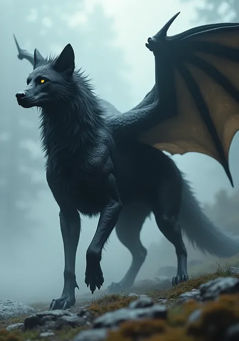 A fog dragon black wolf beast with wings, full body, master piece.