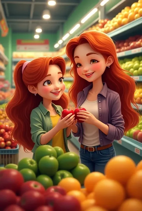 Eva goes grocery shopping with her mom: In a bright grocery store, Fat Eva with a long red hair and her mom with a long red hair pick out fresh fruits and vegetables. Eva’s smiling, looking at an apple in her hand. The store is colorful with rows of health...