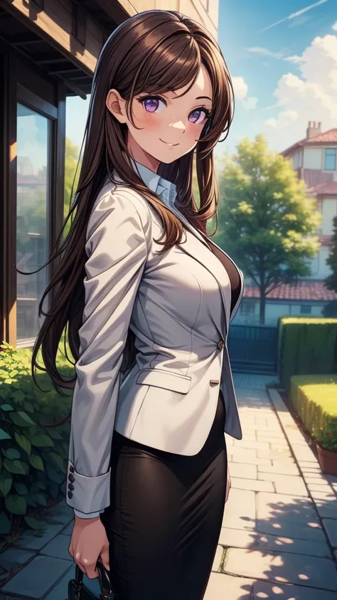 ((masterpiece, best quality:1.8, high detail)), ((1girl)), (beautiful woman), facing viewer, smile, bright purple eyes, solo focus, long hair, ((brown hair)), hairpin, (blazer), (black midi pencil (skirt)), slim body, sidewalk, garden, leaves, clouds, (rea...