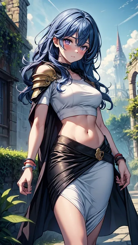 ((masterpiece, best quality:1.3, high detail)), beautiful woman, looking at viewer, long wavy hair, (blue hair), bright purple eyes, light blush, (white shirt crop top), (black midi pencil (skirt)), midriff, navel, (bracelets), shoulder armor, (cloak), col...