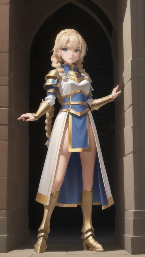 Short petite blonde woman.   Shes five foot tall and her hair is done in warrior braids.  Shes dressed as a noble knight