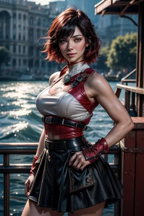 srwby, short hair, black hair, red hair, t-shirt, skirt, gradient hair, grey eyes, standing outside, smiling, (cowboy shot), dynamic pose, standing on deck of ferry, river, crowd, intricate details, tonemapping, sharp focus, hyper detailed, (masterpiece,st...