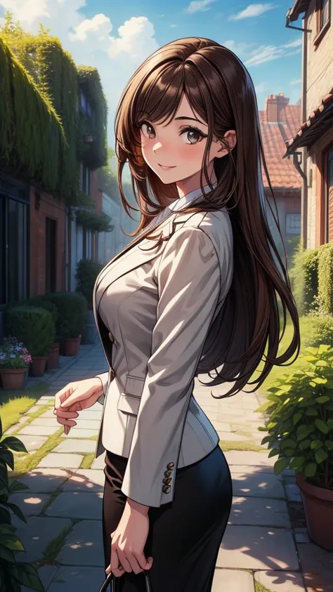 ((masterpiece, best quality:1.8, high detail)), ((1girl)), (beautiful woman), looking at viewer, facing viewer, smile, solo focus, long hair, ((brown hair)), hairpin, (blazer), (black midi pencil (skirt)), slim body, sidewalk, garden, leaves, clouds, (real...