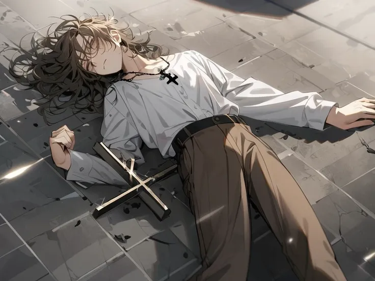 21-year-old boy, thin, short brown and disheveled hair, white shirt, brown pants, black boots. with a necklace with a cross of Christ. faints on the floor