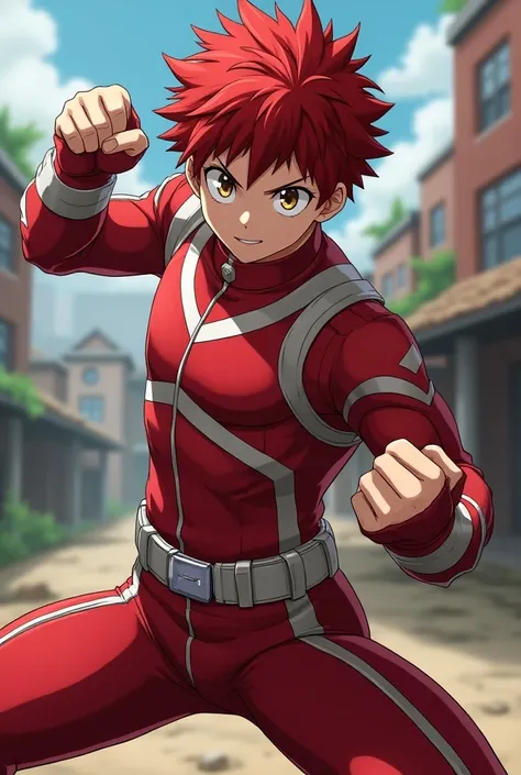 My Hero Academia Style   , Anime Boy, male, young male ,    full body shot  ,( fighting pose :1.3),  short hair, Red Hair,    Brown Eyes   , ,  hero suit, Full Body Suit,   red suit with white details, perfect anatomy, Super detailed,( building :1.2）