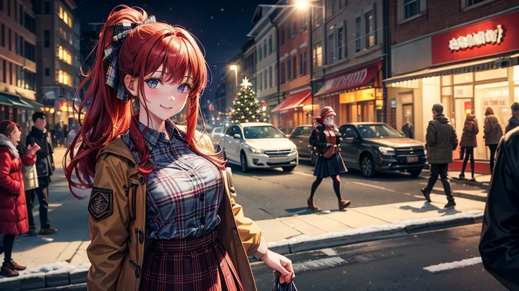 1girl, solo, christmas, ((christmas tree)), street, night, snow, red hair, ponytail, large full breasts, button down, ((brown winter jacket)), dark blue eyes, ((blue checked shirt)), ((unbuttoned shirt)), (unbuttoning shirt), long skirt, smile, looking at ...